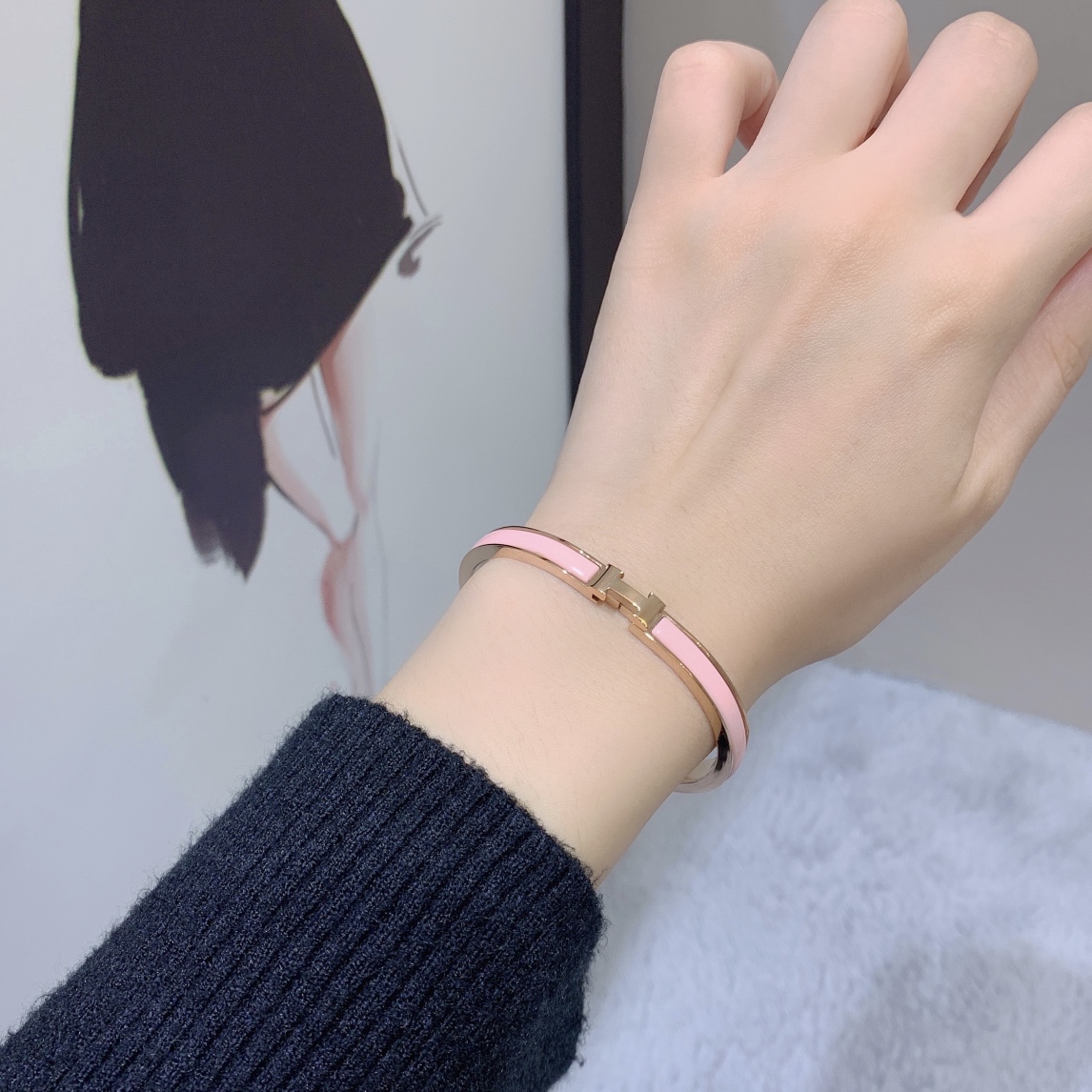 Hermes H Clic ,pink enamel bracelet, narrow version