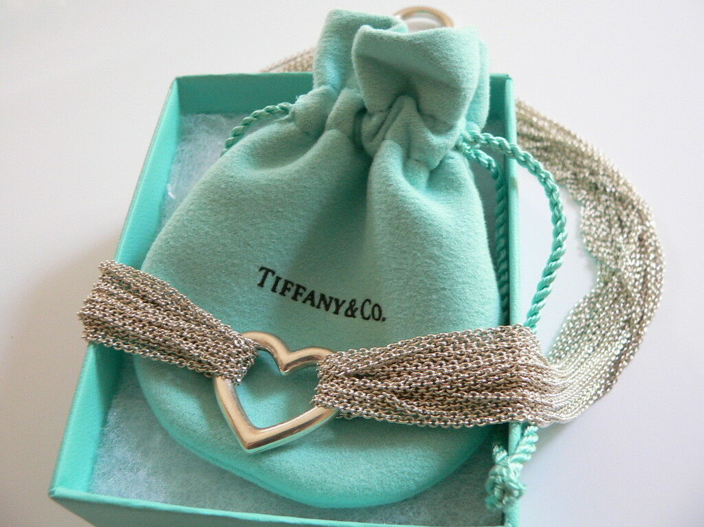 Tiffany & Co Heart Mesh Necklace Pendant Chain Rare Gift Multi Strand Silver