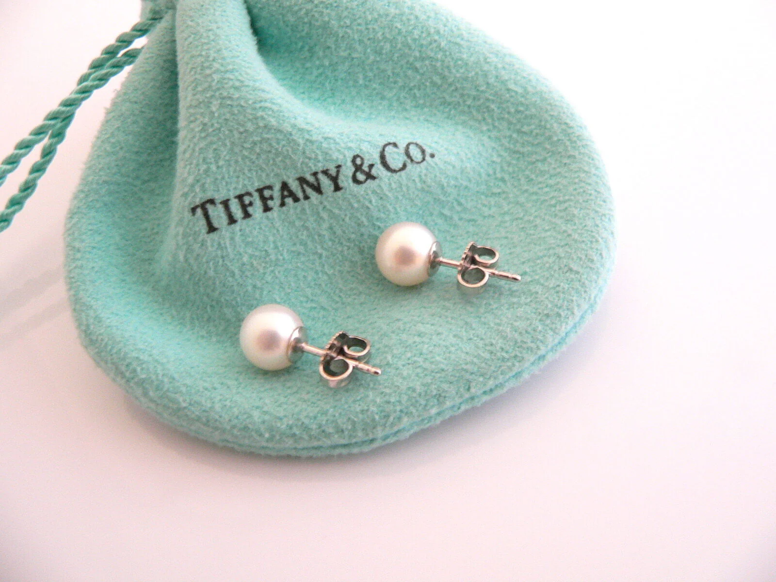 Tiffany & Co 18K White Gold 7 MM Pearl Earrings Studs Gift Pouch Love