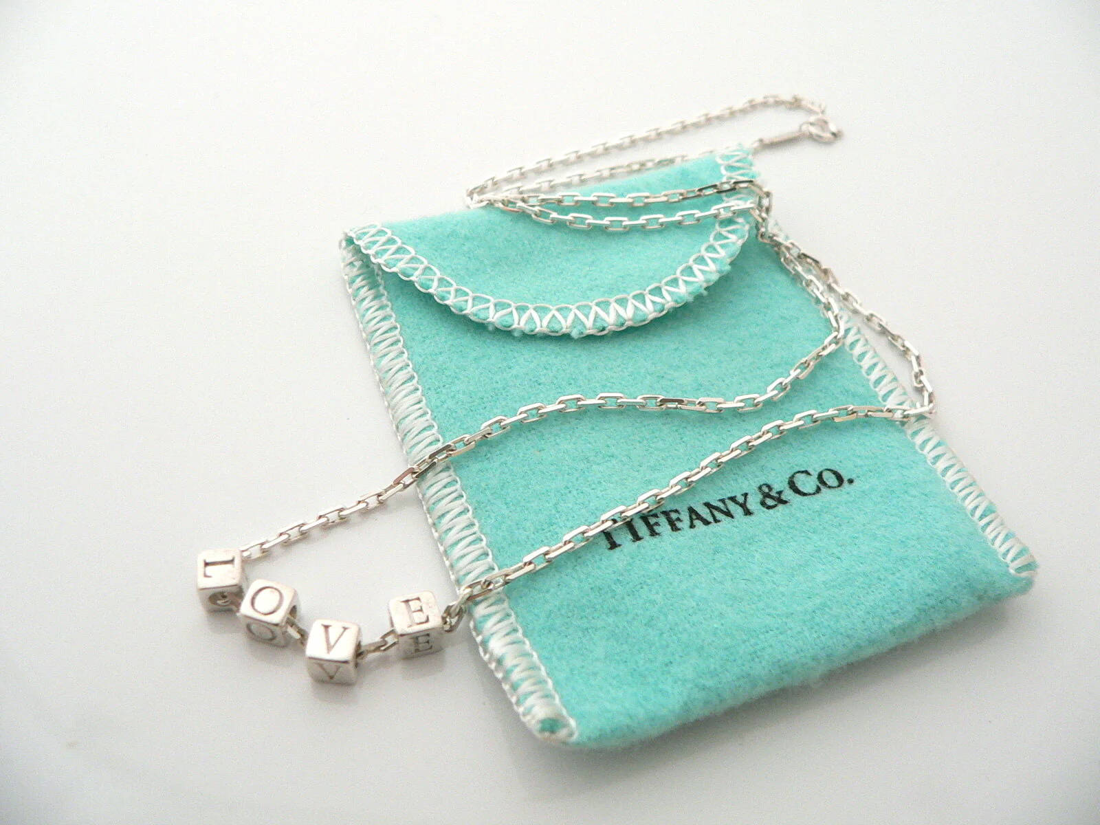 Tiffany & Co LOVE Cube Necklace Pendant Charm 18 In Chain Gift Pouch Silver ERA