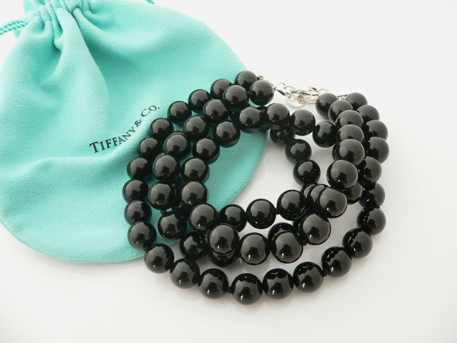 Tiffany & Co Silver Onyx Gemstone Ball Bead Necklace Double Strand Chain Gift
