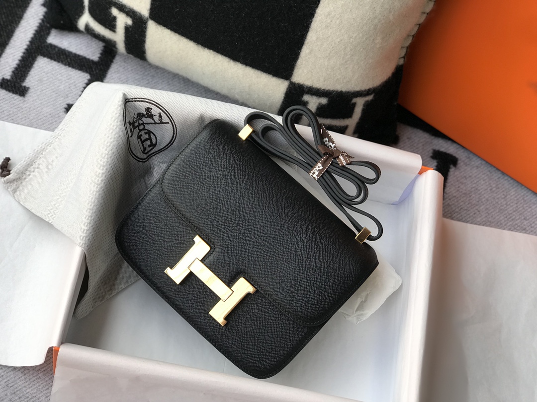 Replica Hermes Constance Bag Epsom Leather Black Wiht Gold 18cm and 23cm