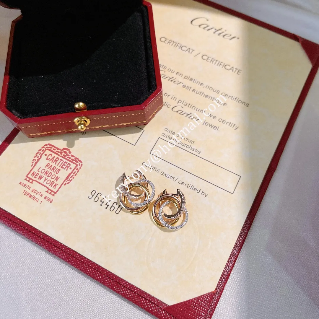 Women's Luxury Cartier Trinity Earrings White Gold/Yellow Gold/Rose Gold with Diamonds B8301259 for Gift