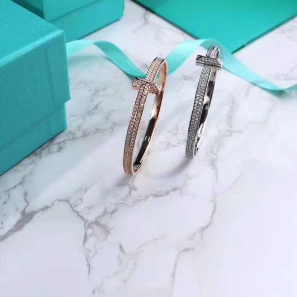Tiffany Bracelet Dupe, T1 Wide Diamond Hinged Bangle, Platinum & Rose Gold