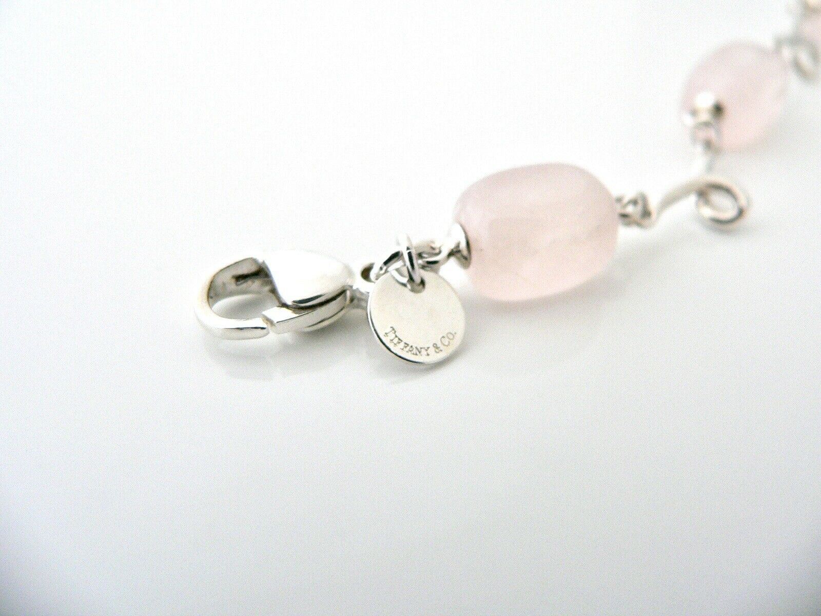 Tiffany & Co Pink Rose Quartz Gemstone Bracelet Bangle Chain Silver Love Gift