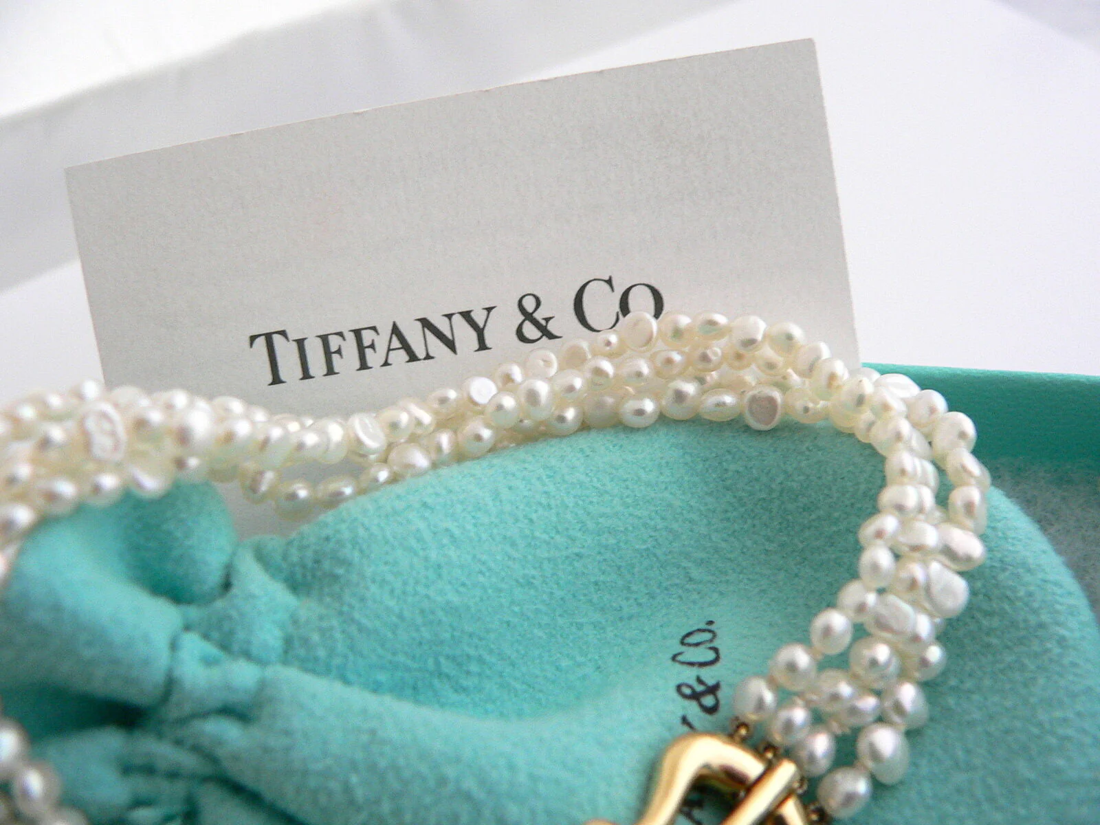 Tiffany & Co 18K Pearl Strand Bracelet Gold Picasso Bangle 8 In Love Gift Pouch