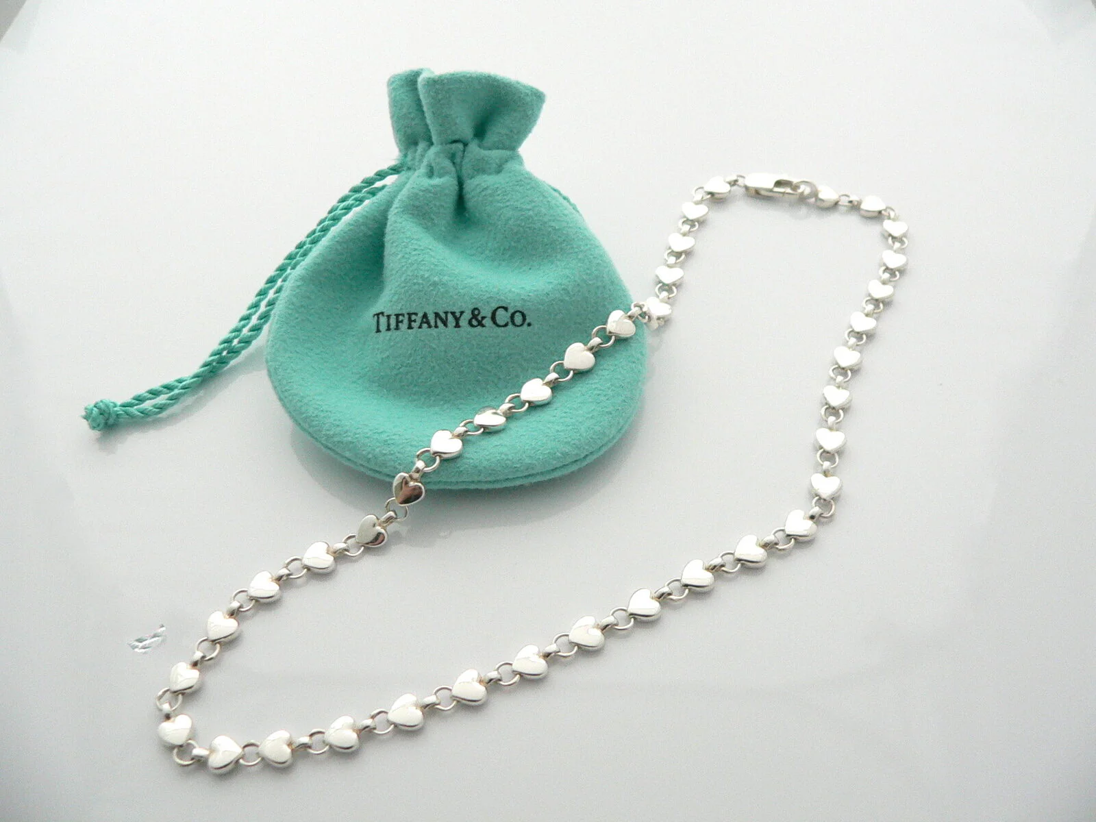 Tiffany & Co Silver Heart Link Necklace Pendant Chain Gift Pouch Love Pouch Rare