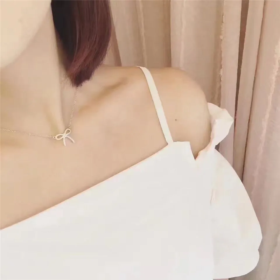 Nice Price Tiffany Bow Bowknot Pendant Studded Crystals Necklace Low Price Sale