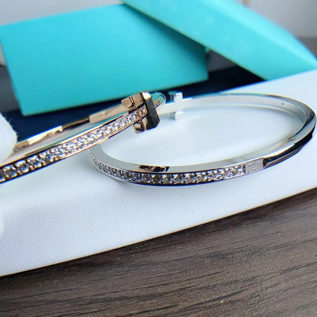 Tiffany T T1 Narrow Hinged Bangle With Diamonds Champagne Gold/White Gold