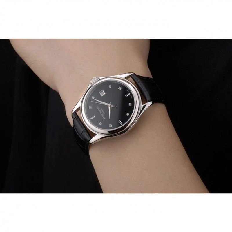 Geneve Calatrava Crystal Studded Dial Black 38 mm, Stainless Steel