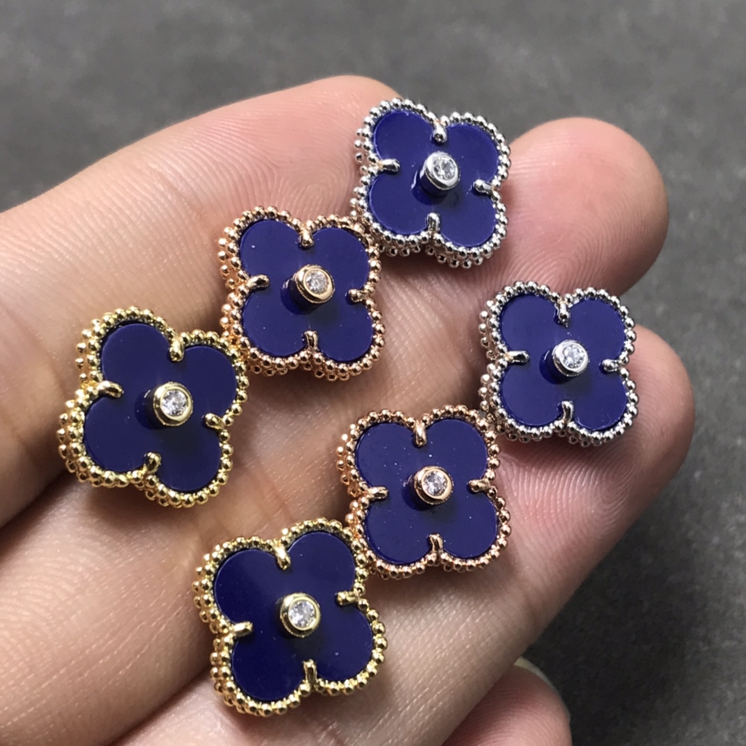 Van Cleef & Arpels Blue Clover Stud Earrings with Diamonds, Vintage Alhambra earrings