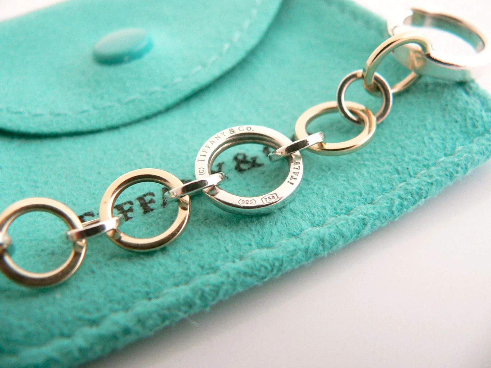 Tiffany & Co Silver 18K Gold Circles Bracelet Link Bangle 8 Inch Love Gift Pouch