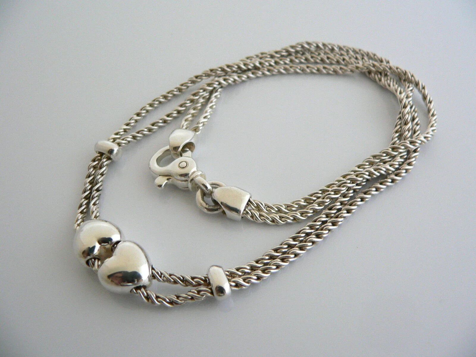 Tiffany & Co Silver Double Two Puff Heart Rope Necklace Pendant Charm Chain Gift