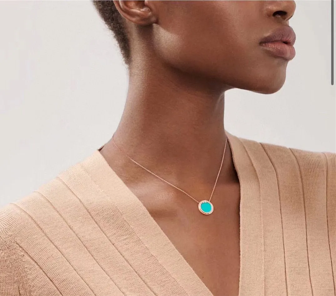 Top Tiffany T Silver Diamonds Turquoise Circle Pendant Couple Style Necklace HK