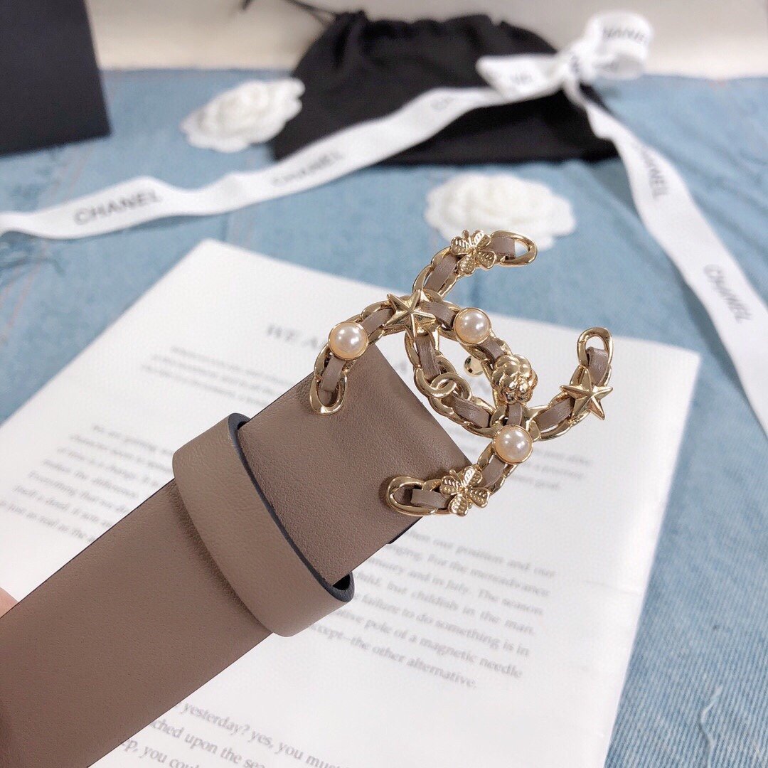 Chanel Belt With Double C Buckle Beige Gold Toned Hardware Women Belt 30MM