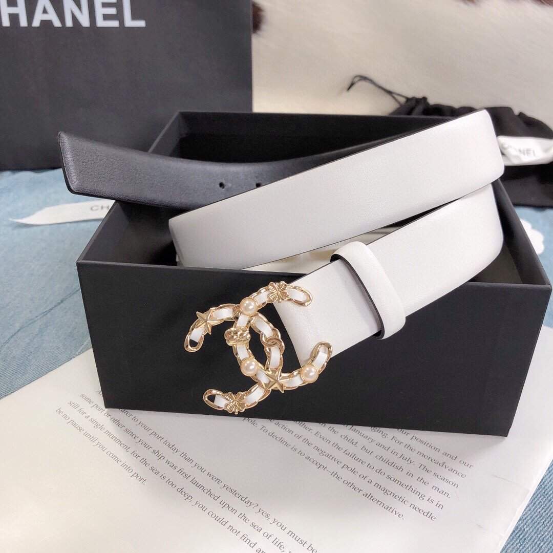 Chanel Belt With Double C Buckle White Gold Toned Hardware Women Belt 30MM