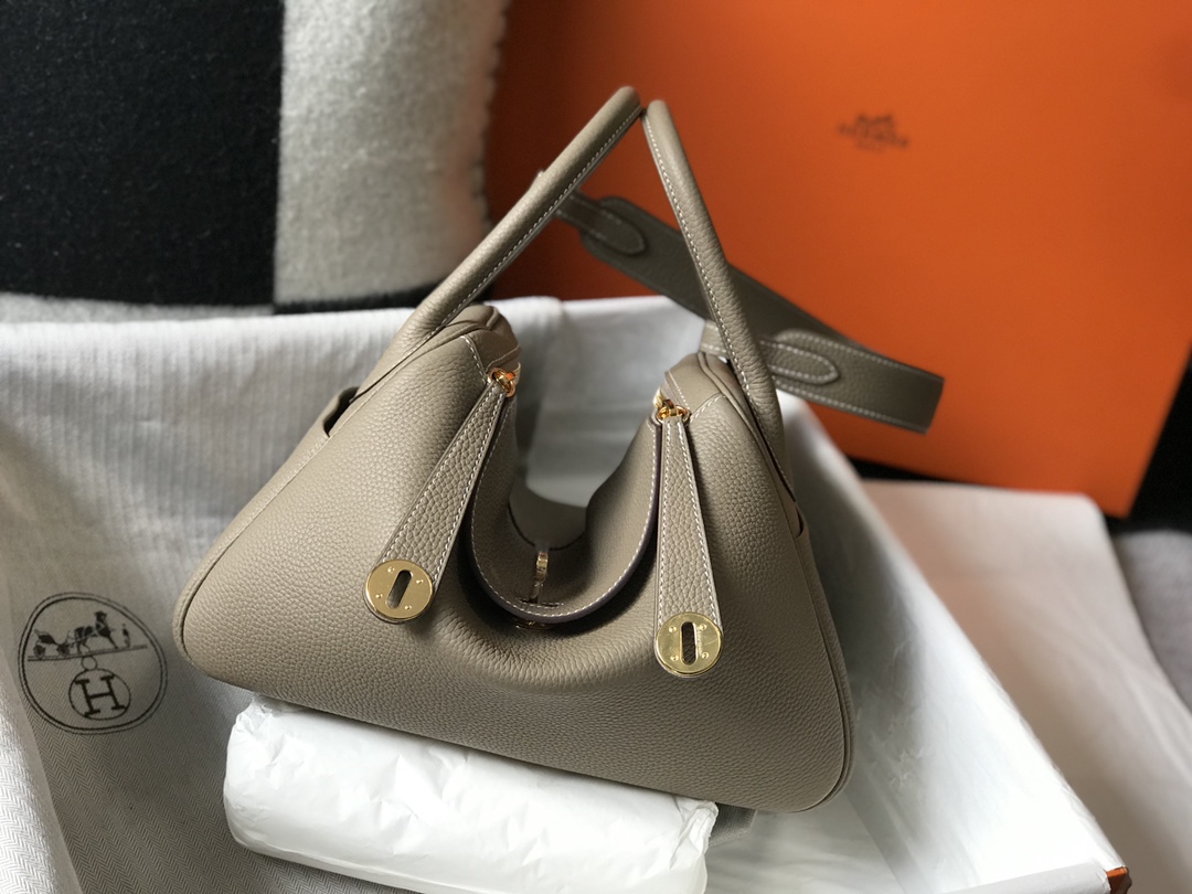 Original Copy Hermes Lindy Handbag Calfskin Khaki with Gold and Sliver Hardware