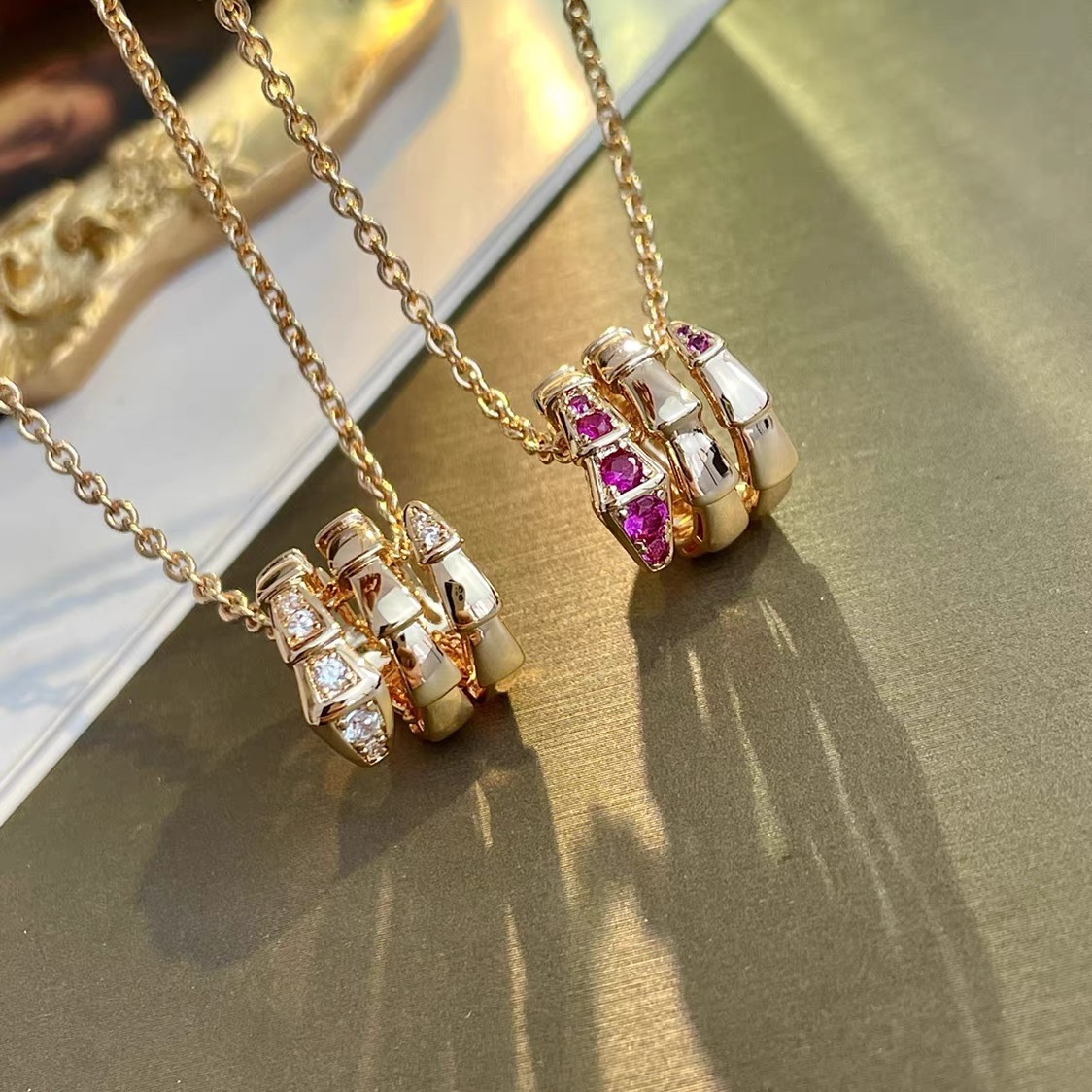 Bvlgari Triple Loop Snake Bone Necklace with Diamonds at Head and Tail