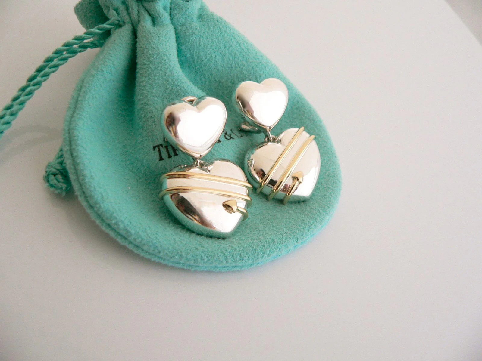 Tiffany & Co Silver 18K Gold Heart Earrings Arrow Dangling Pierced Love Gift Art