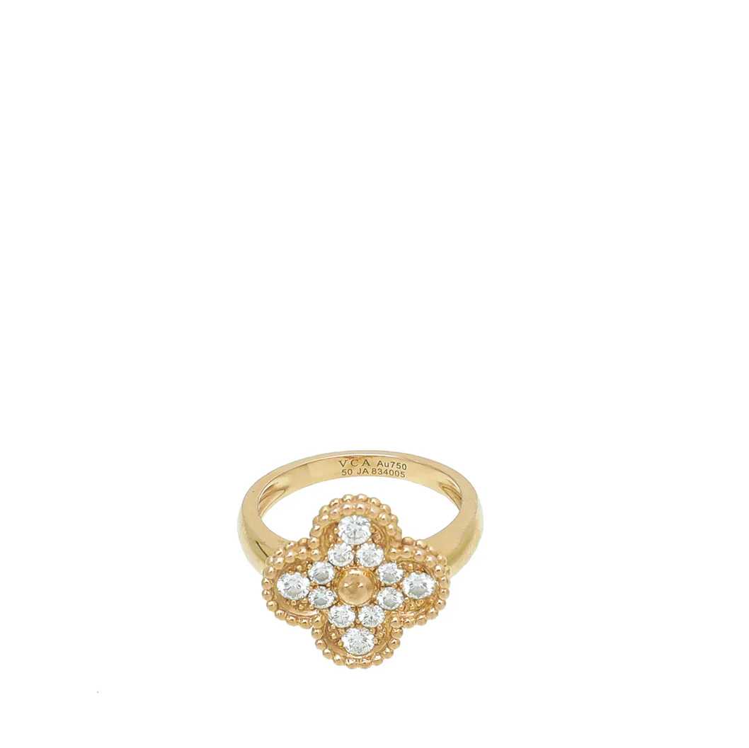 Van Cleef & Arpels 18K Rose Gold Diamond Vintage Alhambra Ring 50
