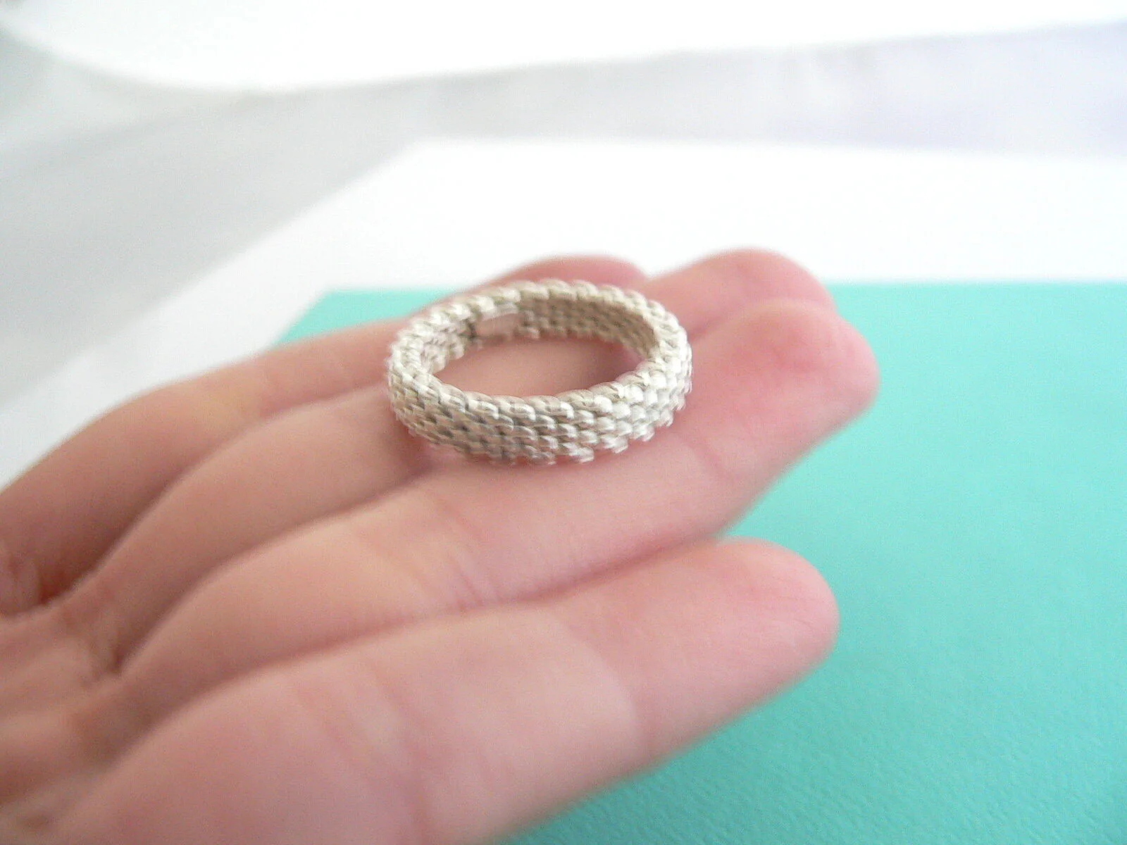 Tiffany & Co Silver Mesh Stacking Ring Band Sz 5.25 Gift Love Narrow Weave