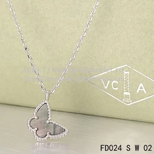 Van Cleef Arpels Lucky Alhambra Butterfly Necklace White Gold With Gray Mother Of Pearl
