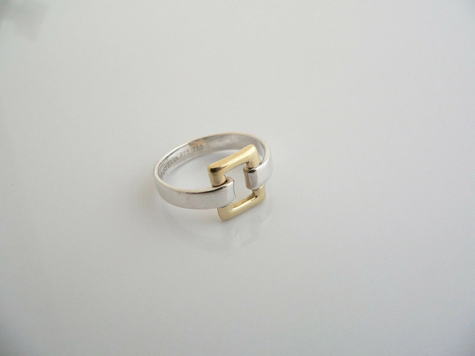 Tiffany & Co Silver 18K Gold Rectangle Ring Band Sz 7 Rare Gift Love Statement