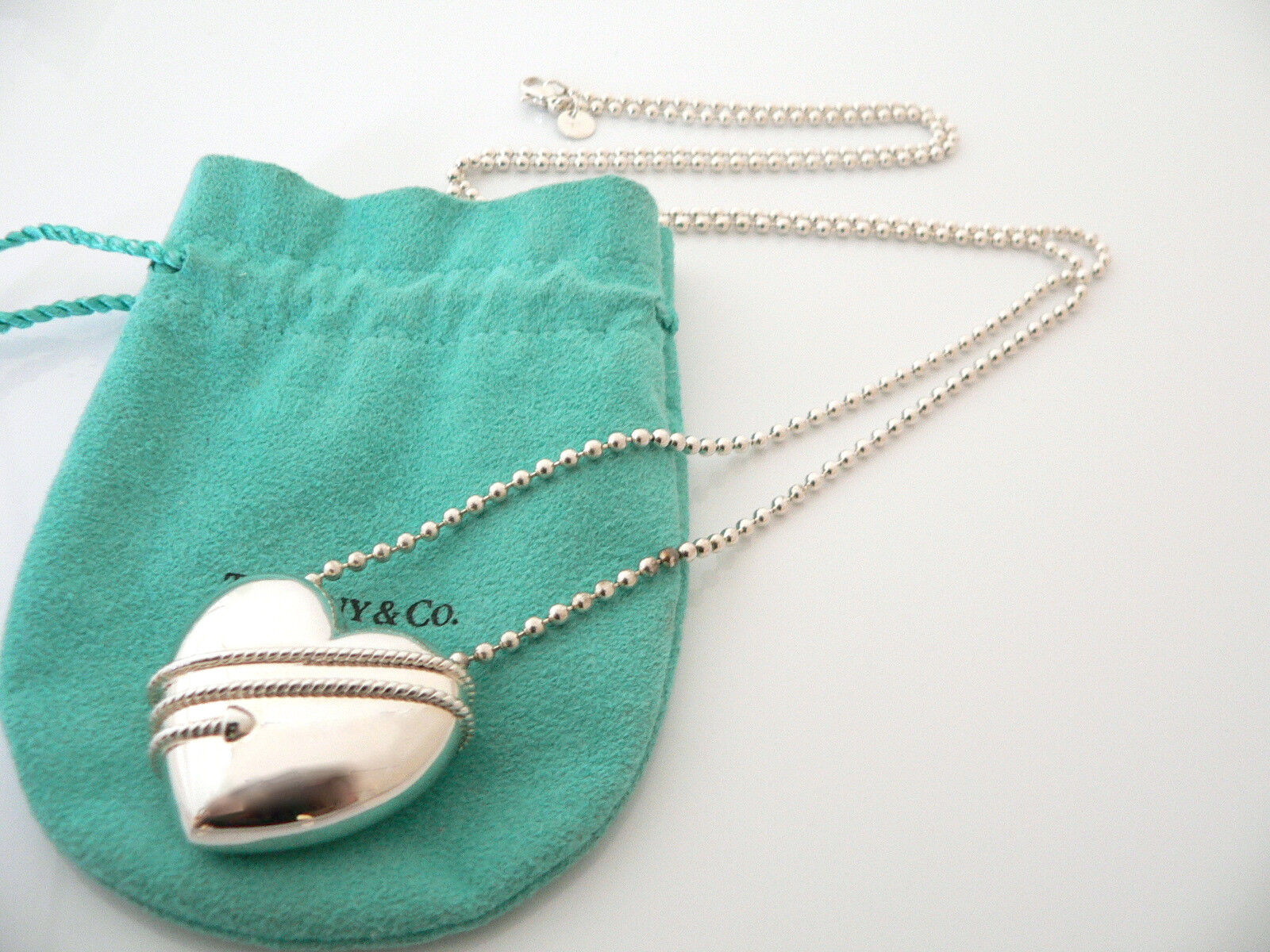 Tiffany & Co Heart Arrow Necklace Silver Large Pendant Long Bead Chain Gift Art