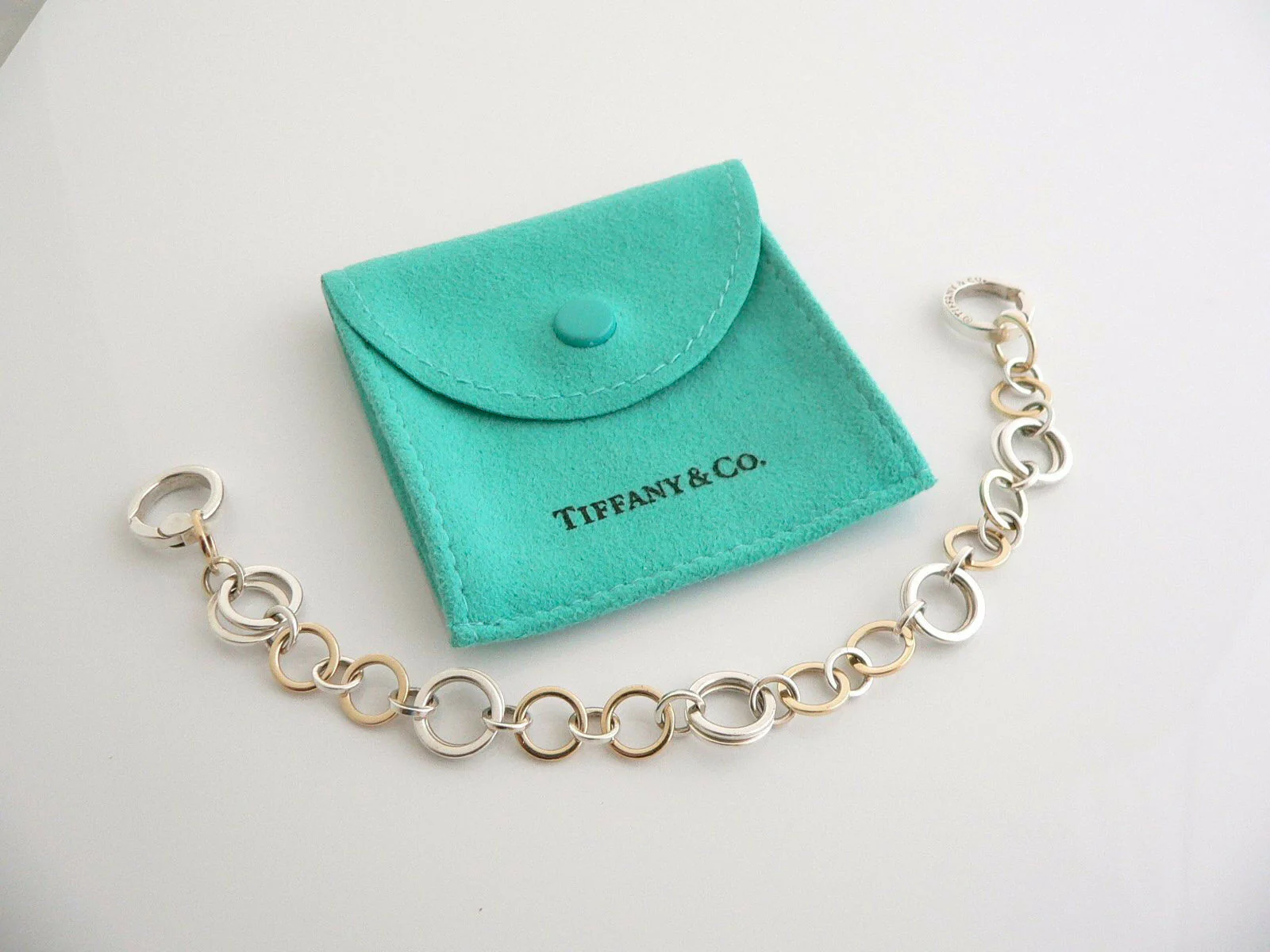 Tiffany & Co Silver 18K Gold Circles Bracelet Link Bangle 8 Inch Love Gift Pouch