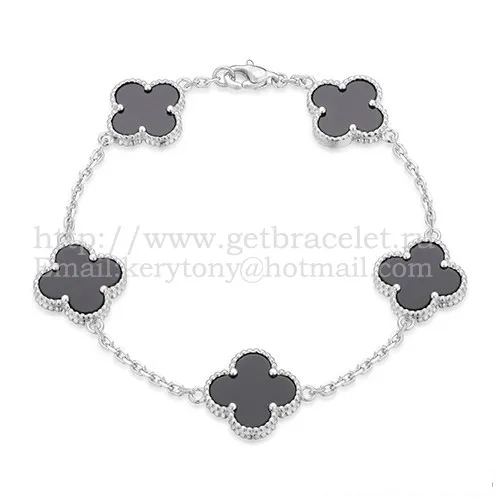Van Cleef & Arpels Vintage Alhambra Bracelet 5 Motifs White Gold With Black Agate Mother Of Pearl