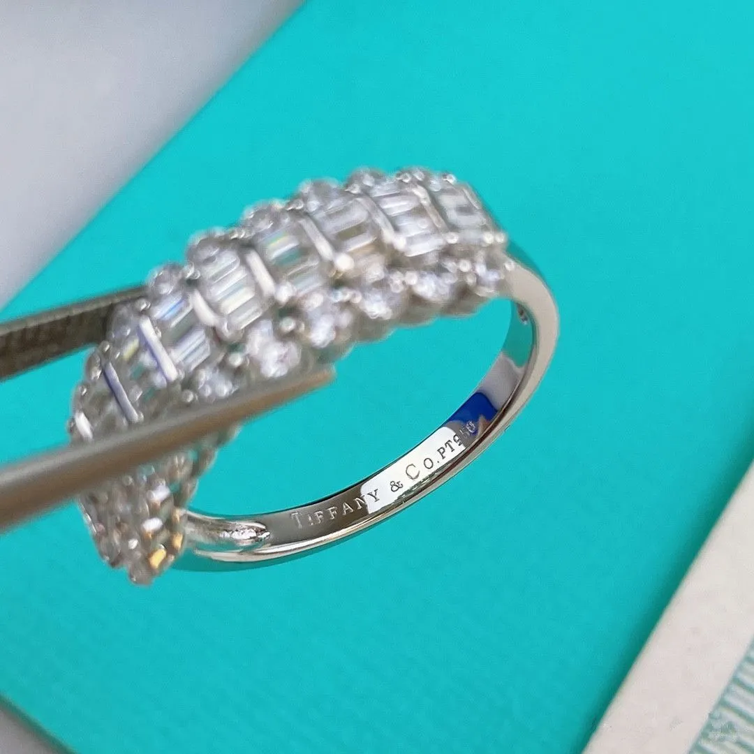 2021 Style Tiffany Sterling Silver Women White Gold Three-row Diamonds Fashion Ring 5/6/7/8 (US)