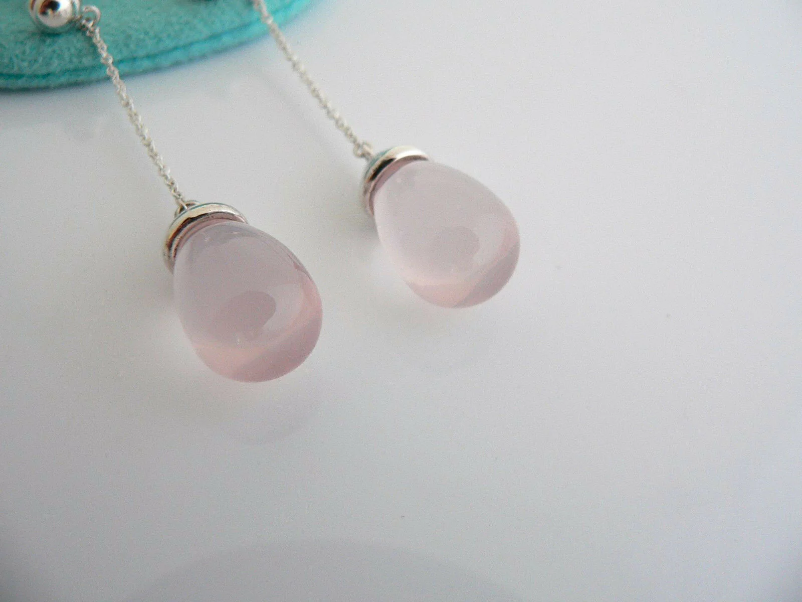 Tiffany & Co Silver 20 Carat Pink Rose Quartz Dangle Dangling Earrings Gift Rare