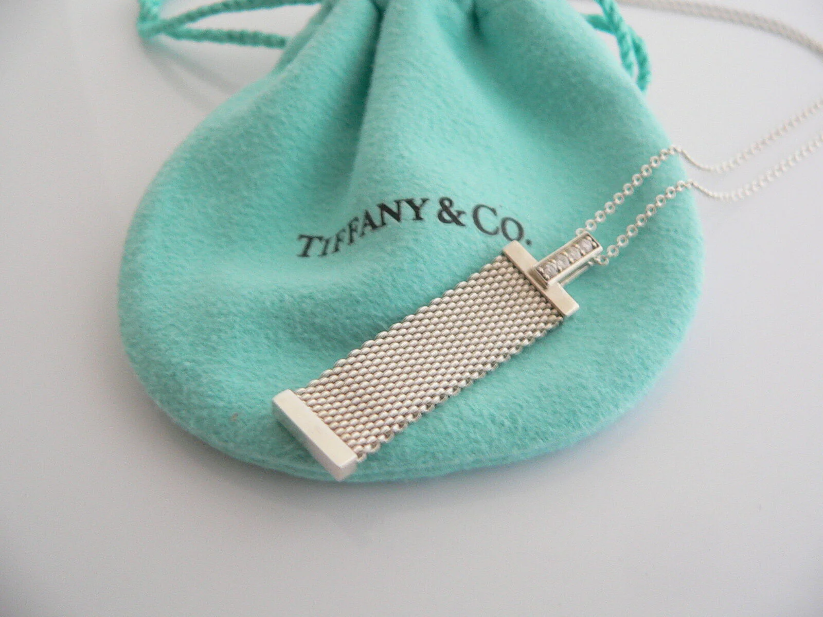 Tiffany & Co Silver Diamond Mesh Dangling Dangle Necklace Pendant Gift Love Rare
