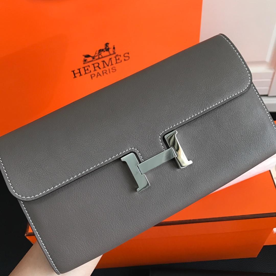 Top Replica HERMES Constance Long Wallet Gris Asphalt Epsom Grey with Silver-Tone Metal