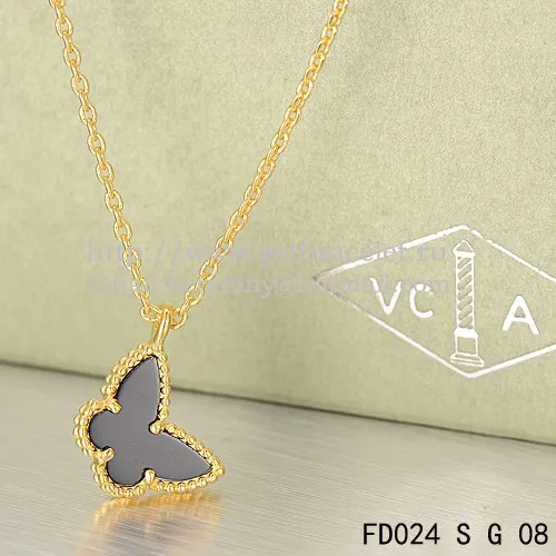 Van Cleef Arpels Lucky Alhambra Butterfly Necklace Yellow Gold With Black Onyx Mother Of Pearl