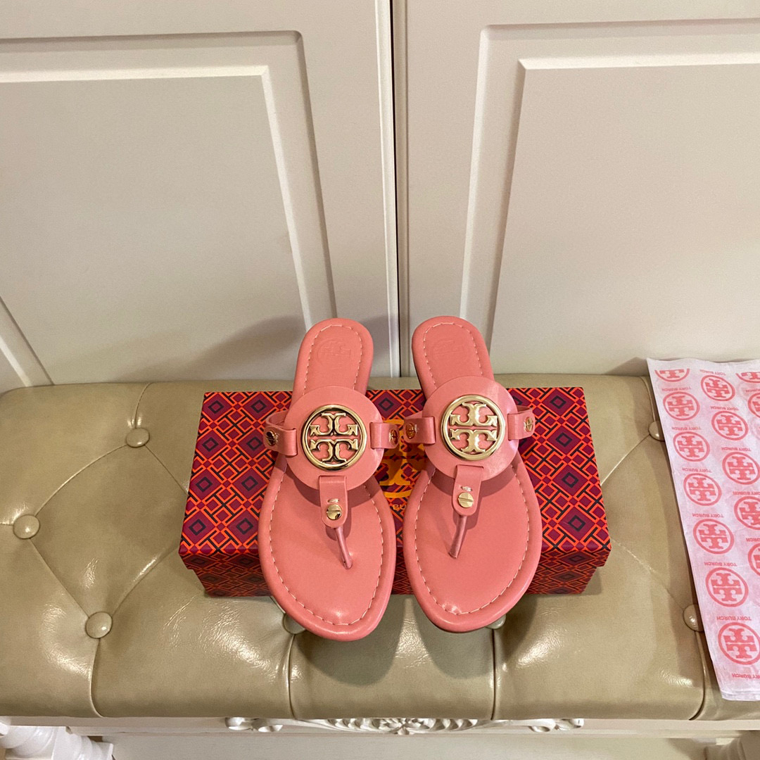 Tory Burch Leather Metal Logo Flip-flops Sandals Slide (Replica)