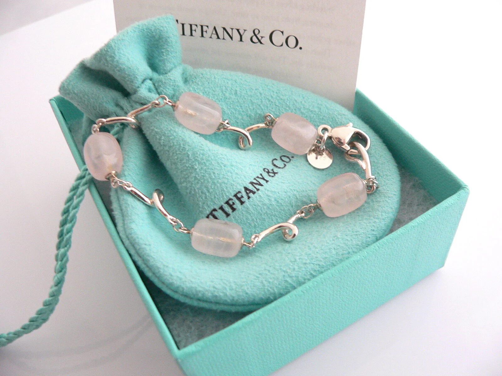 Tiffany & Co Pink Rose Quartz Gemstone Bracelet Bangle Chain Silver Love Gift
