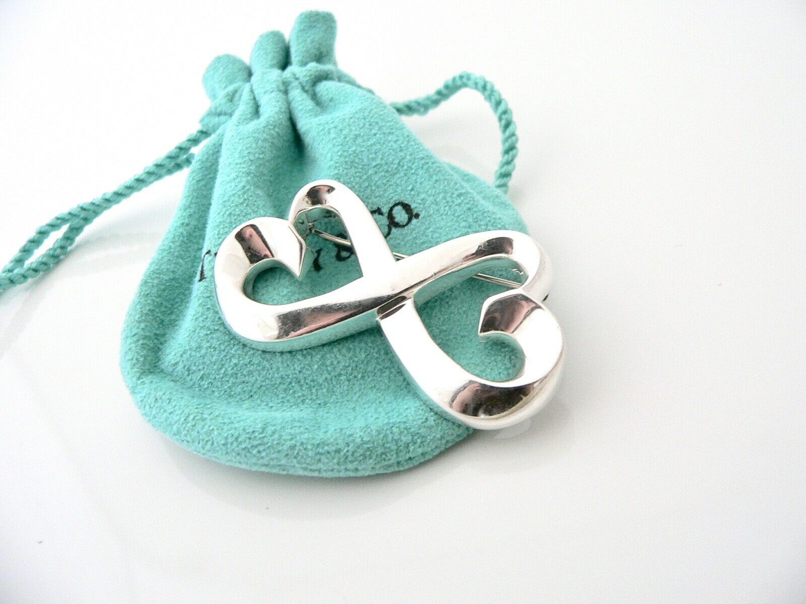 Tiffany & Co Silver Picasso Double Loving Heart Pin Brooch Gift Love Pouch