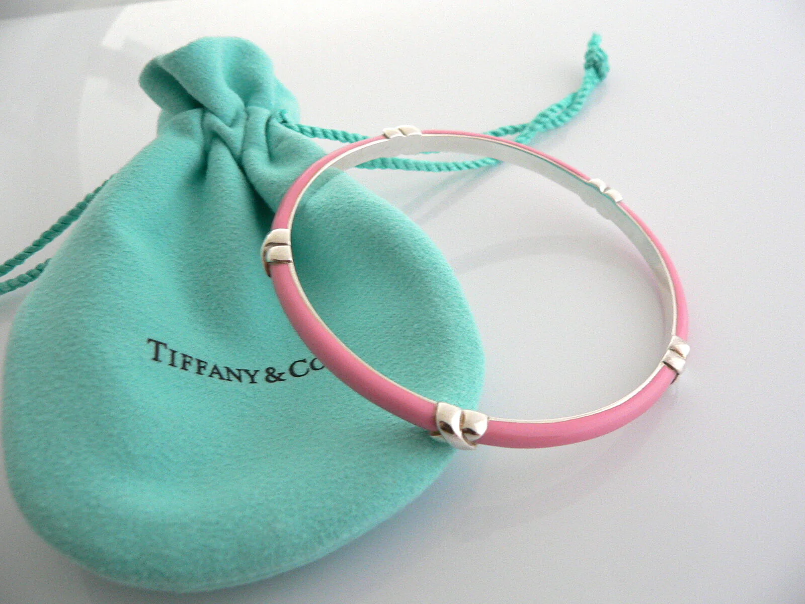 Tiffany & Co Silver Pink Enamel Signature X Bangle Bracelet Mint Gift Pouch Box