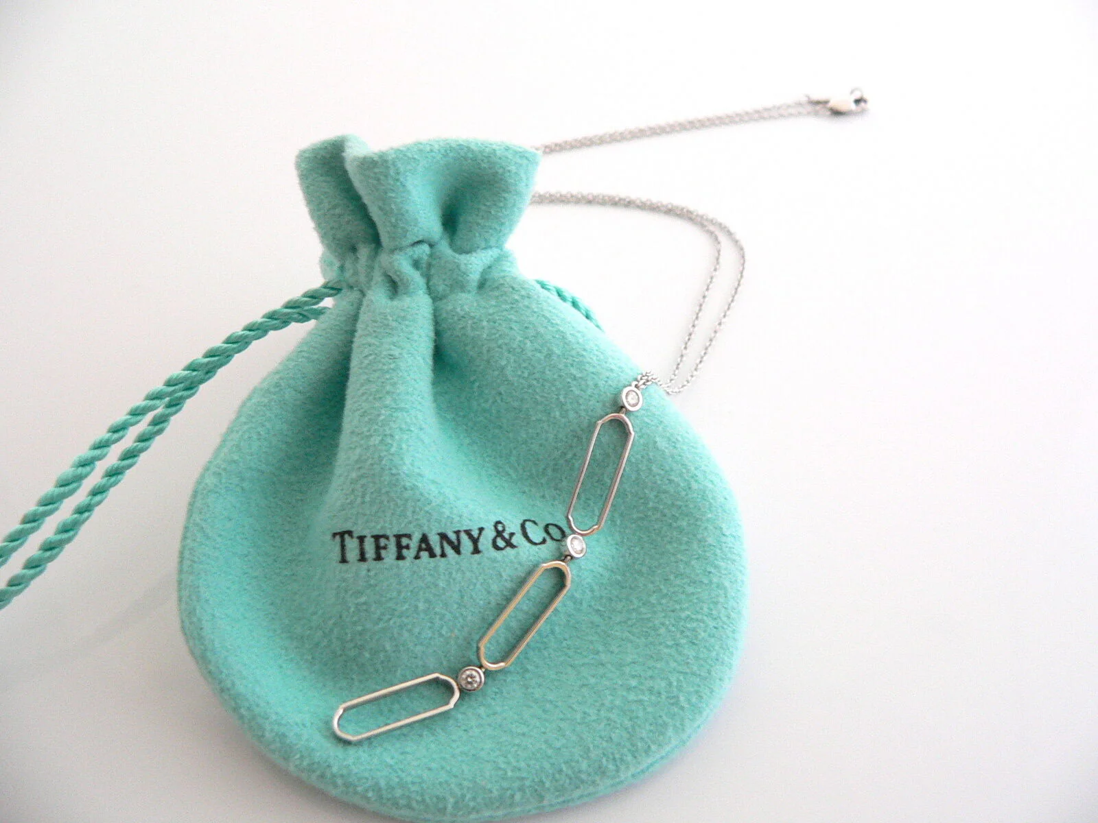 Tiffany & Co 18K Gold Necklace Diamonds Oval Link Paper Clip Dangling Pendant