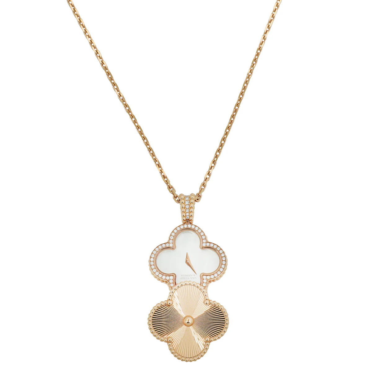 Van Cleef & Arpels 18K Pink Gold Diamonds Alhambra Secret Quartz Pendant Watch