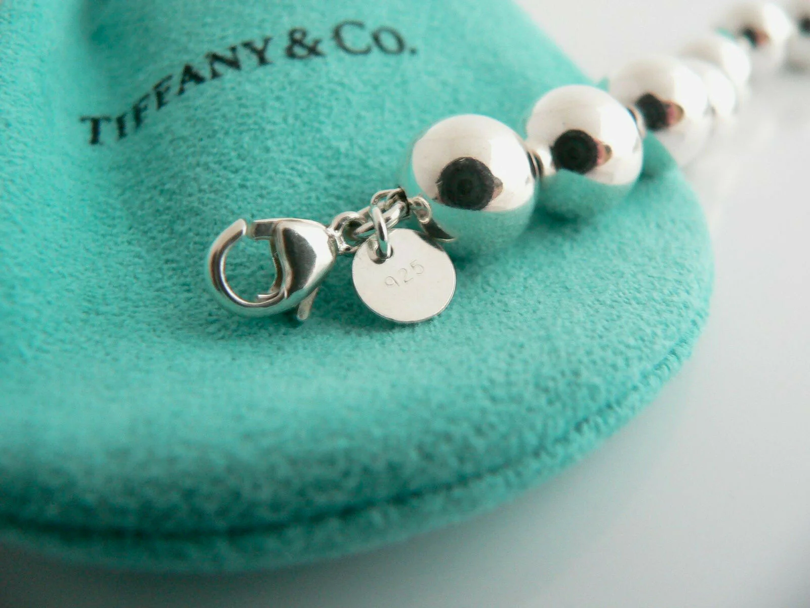 Tiffany & Co Silver Ball Bead Bracelet Bangle 8 Inch Longer Length Gift Pouch