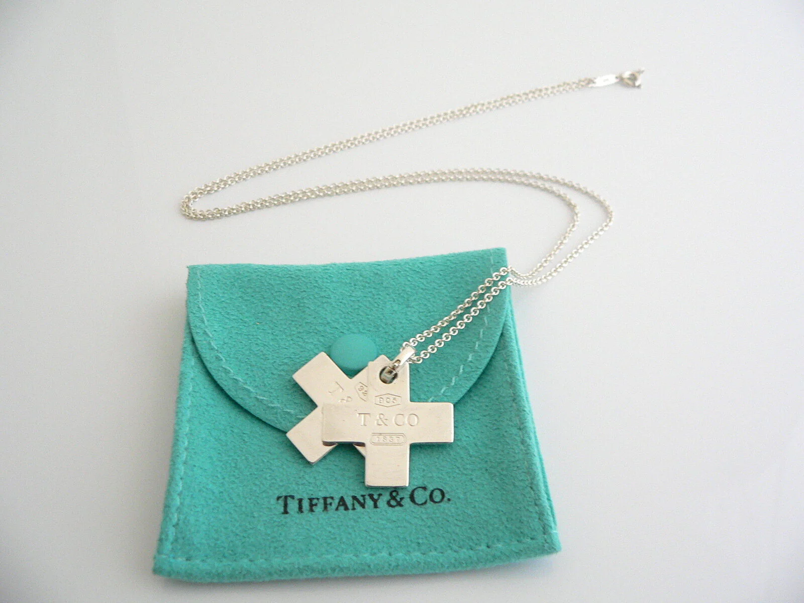 Tiffany & Co Silver 1837 Double Cross Necklace Pendant Charm 24 Inch Longer Chain Gift
