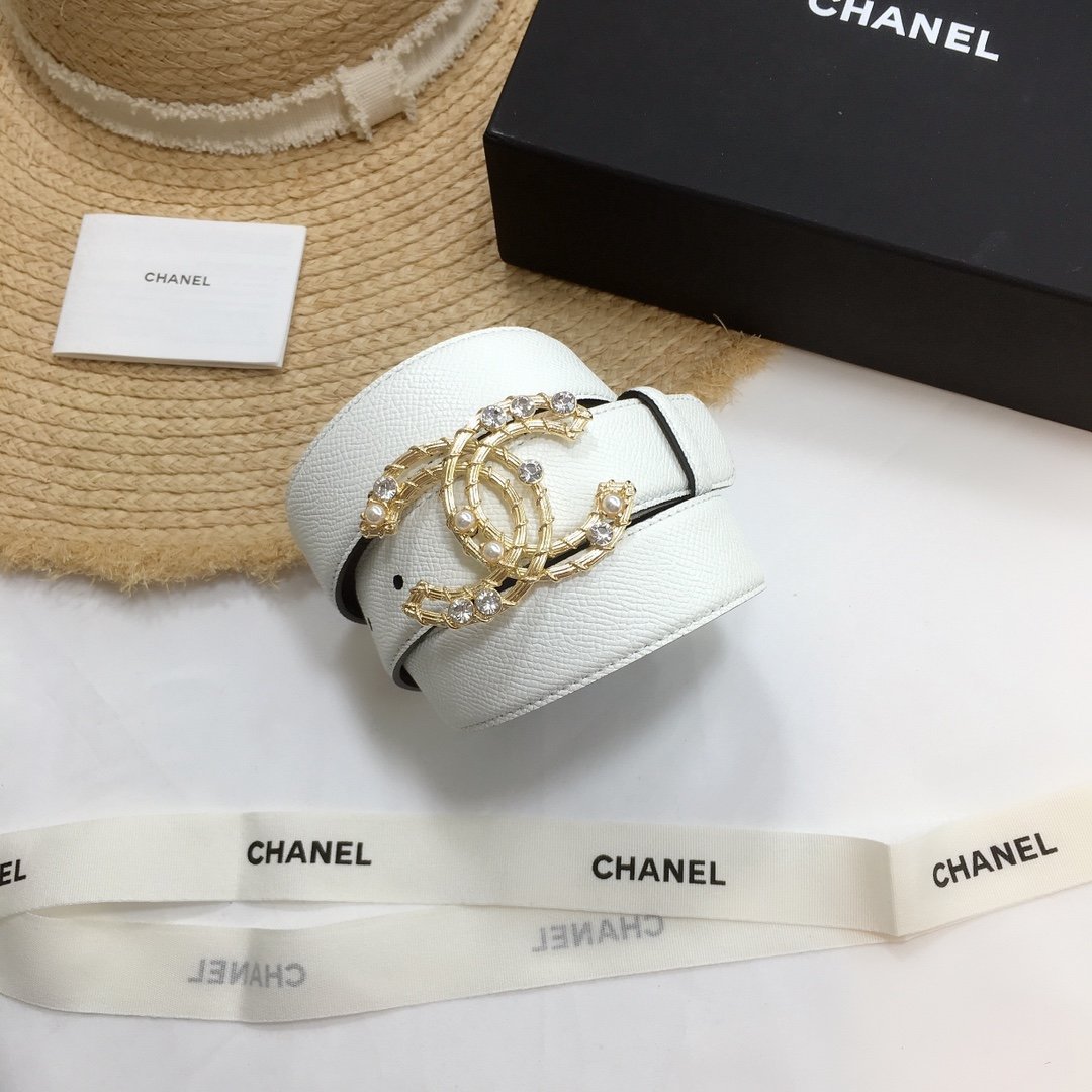 Chanel Belt With Double C Buckle White Gold Chanel Logo Hardware Women Belt 30MM