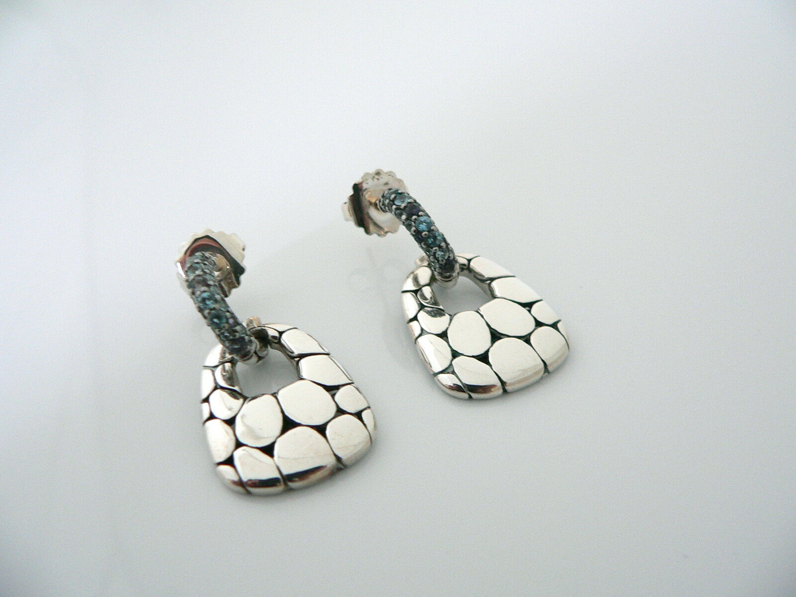 John Hardy Silver Blue Topaz Amethyst Gemstone Dangle Dangling Earrings 18K Post