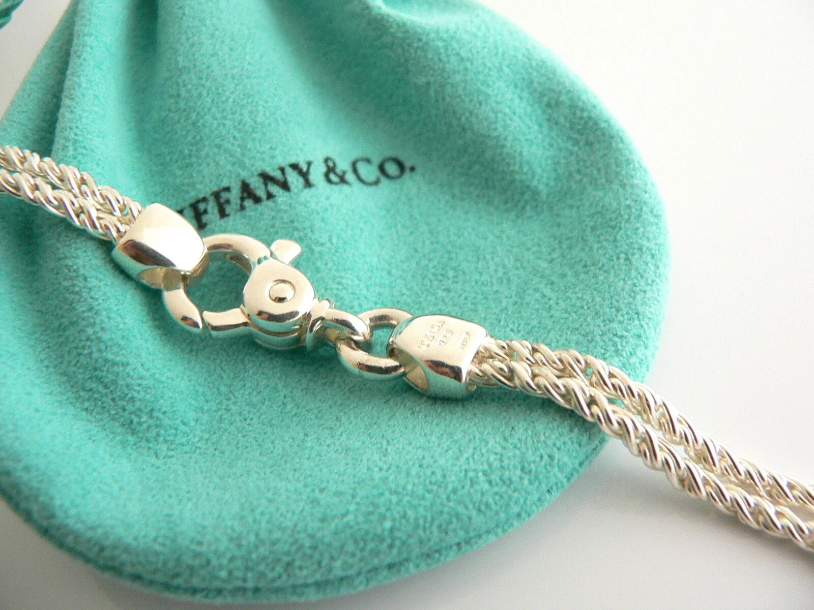 Tiffany & Co Silver 18K Gold Double Rope Sliding Puff Heart Necklace Charm Love