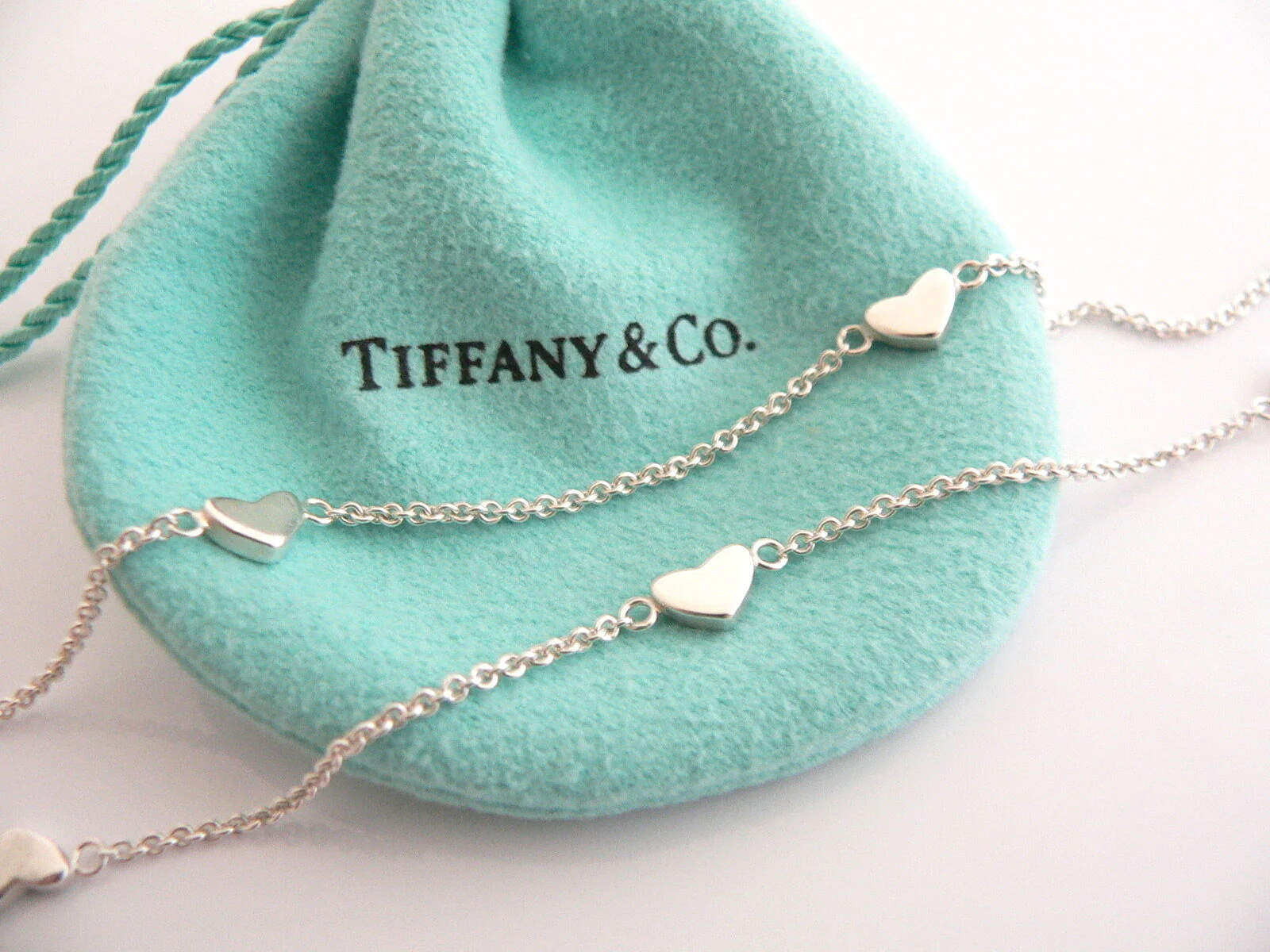 Tiffany & Co Silver Diamond Heart Dangle Drop Necklace Pendant Charm Gift Pouch