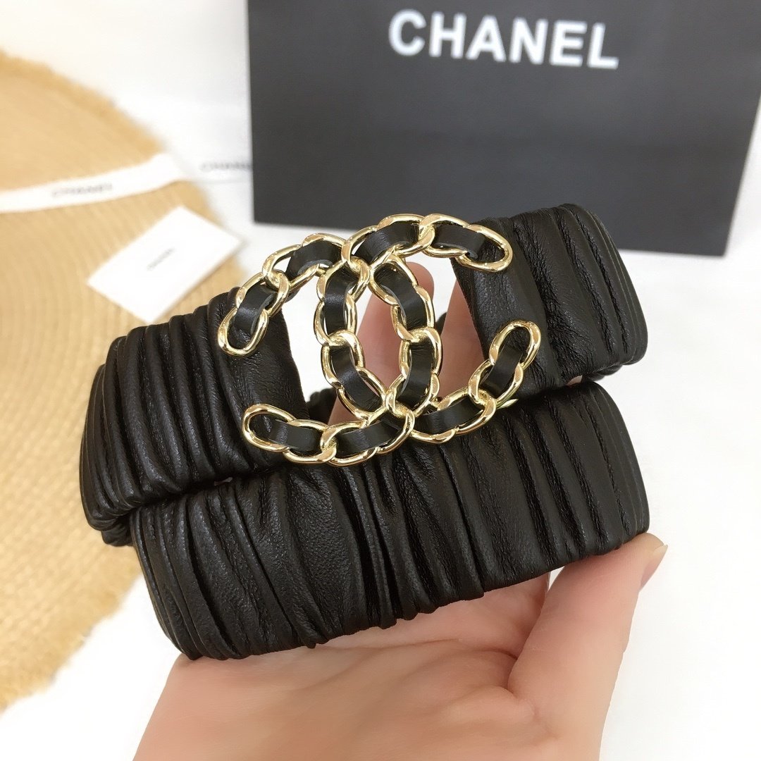 Chanel Belt With Double C Buckle Black Gold-Tone Metal and Strass Women Belt 30MM