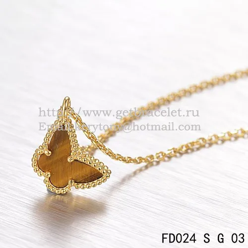 Van Cleef Arpels Lucky Alhambra Butterfly Necklace Yellow Gold With Tiger's Eye Mother Of Pearl