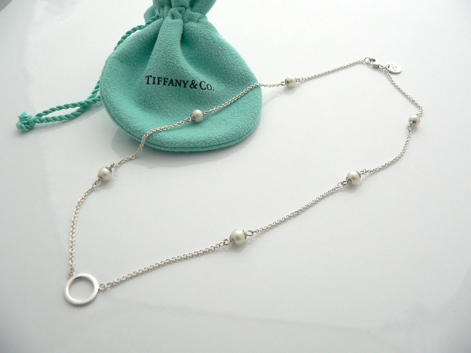 Tiffany & Co Pearls by the Yard Necklace Circle Pendant Chain Silver Gift Love
